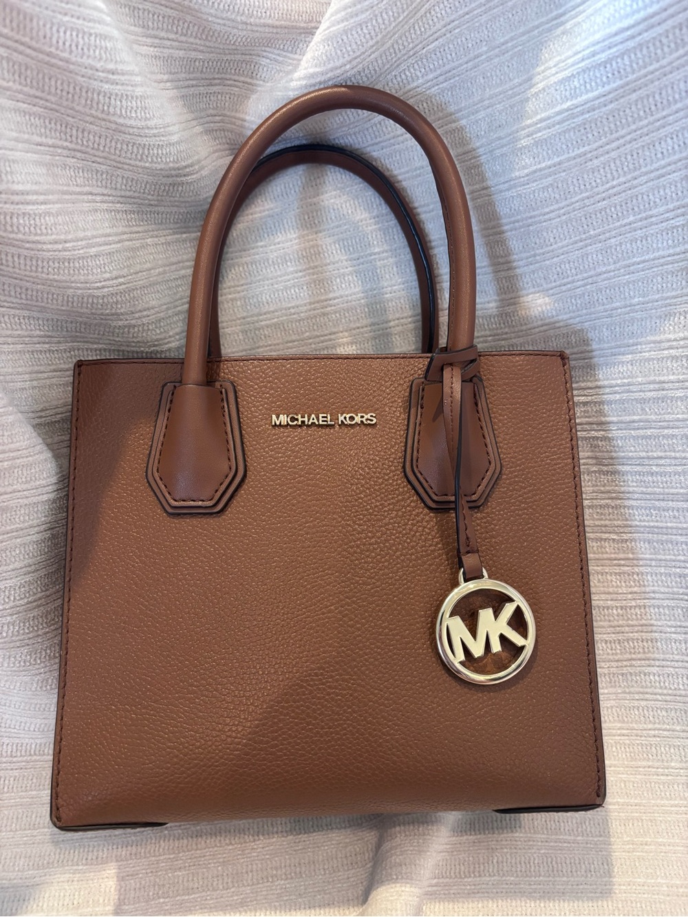 Michael Kors Cognac Brown Pebbled Leather Satchel with MK Charm
